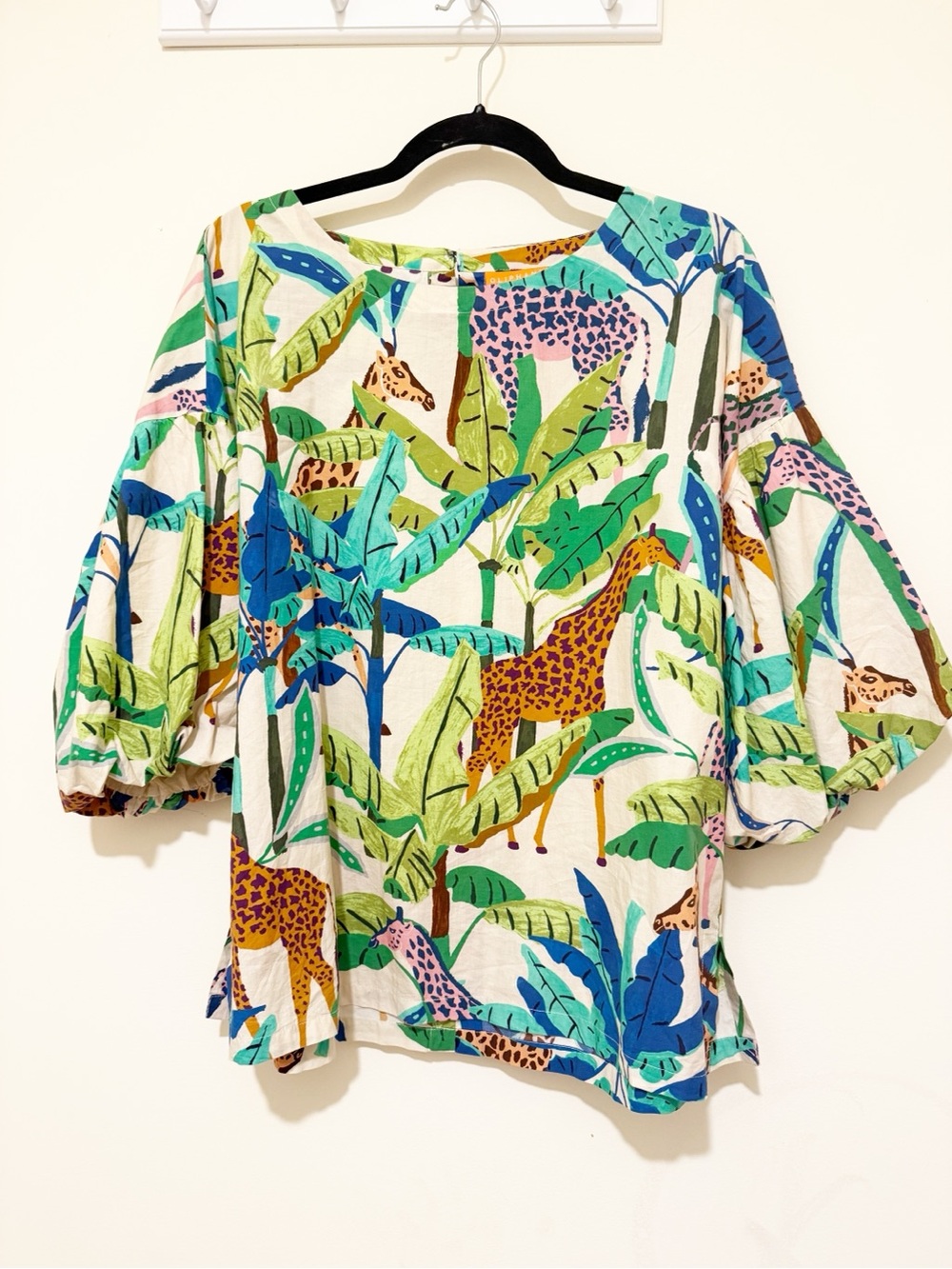 Oliphant Tropical Giraffe Print Puff Sleeve Top - Multicolor
